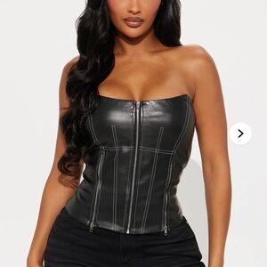 Black Faux Leather Strapless Zip-Front Corset Camisole